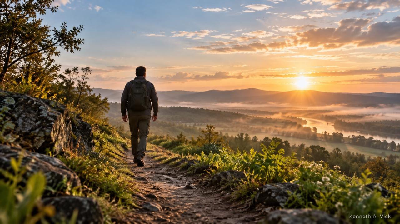 A hiker follows a hillside trail overlooking a river valley at sunrise.